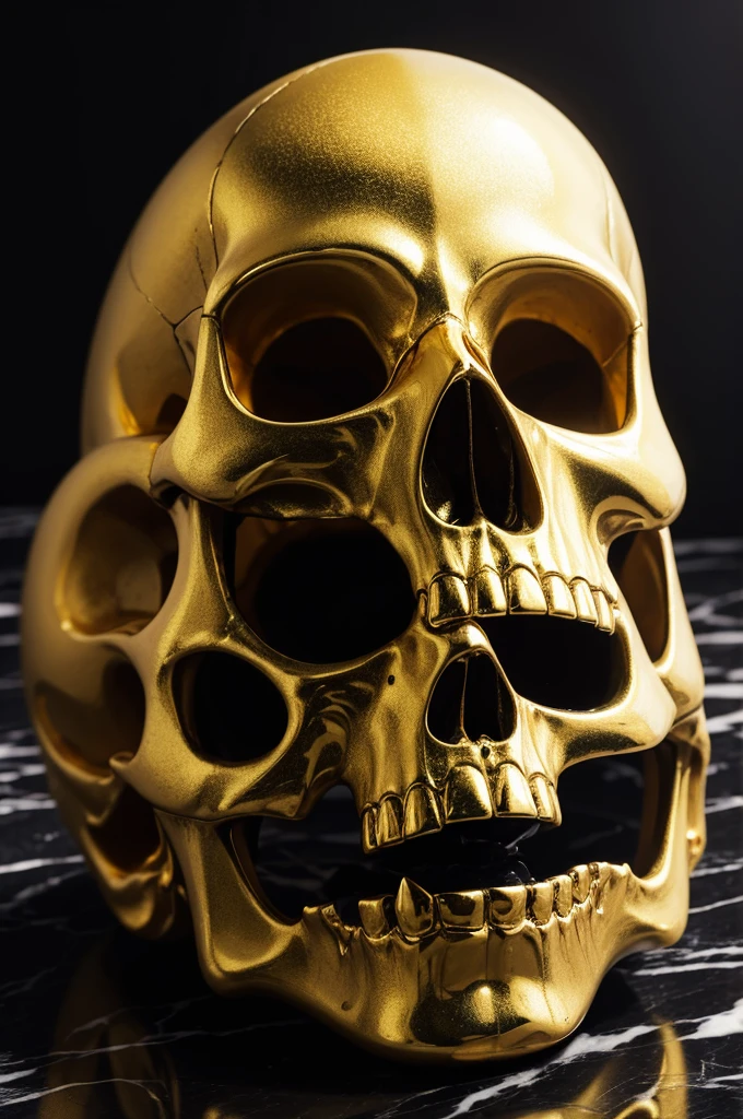 A golden human skull on top of black marble