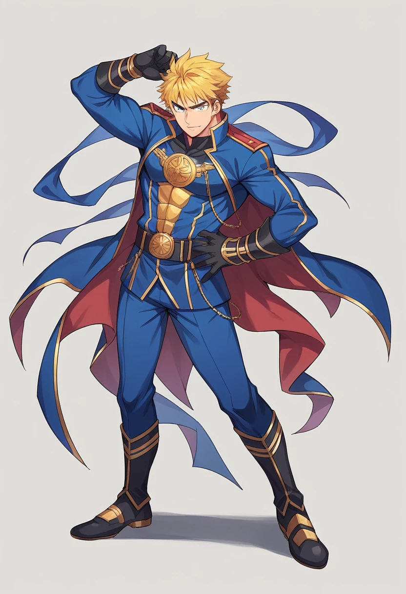 In the style of Akira Toriyama, a full body portrait shows a muscular man with his hands on his hips. He has yellow hair and blue eyes, wearing a red, white and navy blue outfit like a super hero. The background color is dark blue. He also wears gloves with golden edges at the ends. In one hand they hold gold rings around each finger. A close-up shot from behind shows him standing upright. Anime art in the style of Tetsuo Hara. It's a still frame from an anime movie. --ar 5:8 --s 750 --niji 6