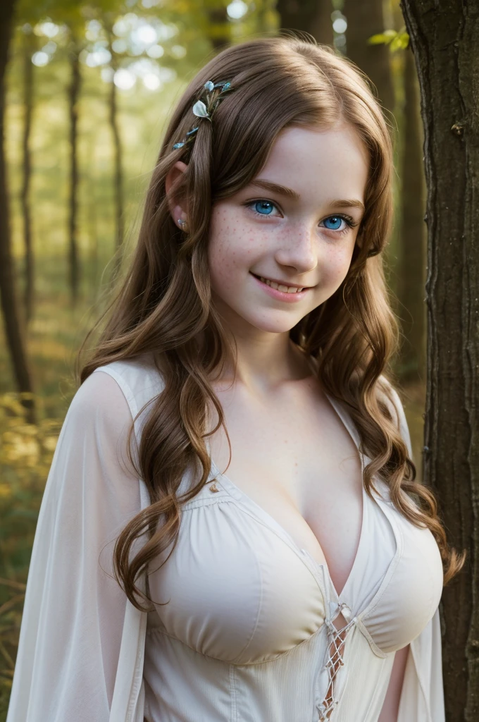 ((high resolution)), ((pale skin)), freckled, redhead ((11 year old)) girl, with blue eyes, blushing cheeks, curly hair, smiling, huge breasts, as a fantasy druid