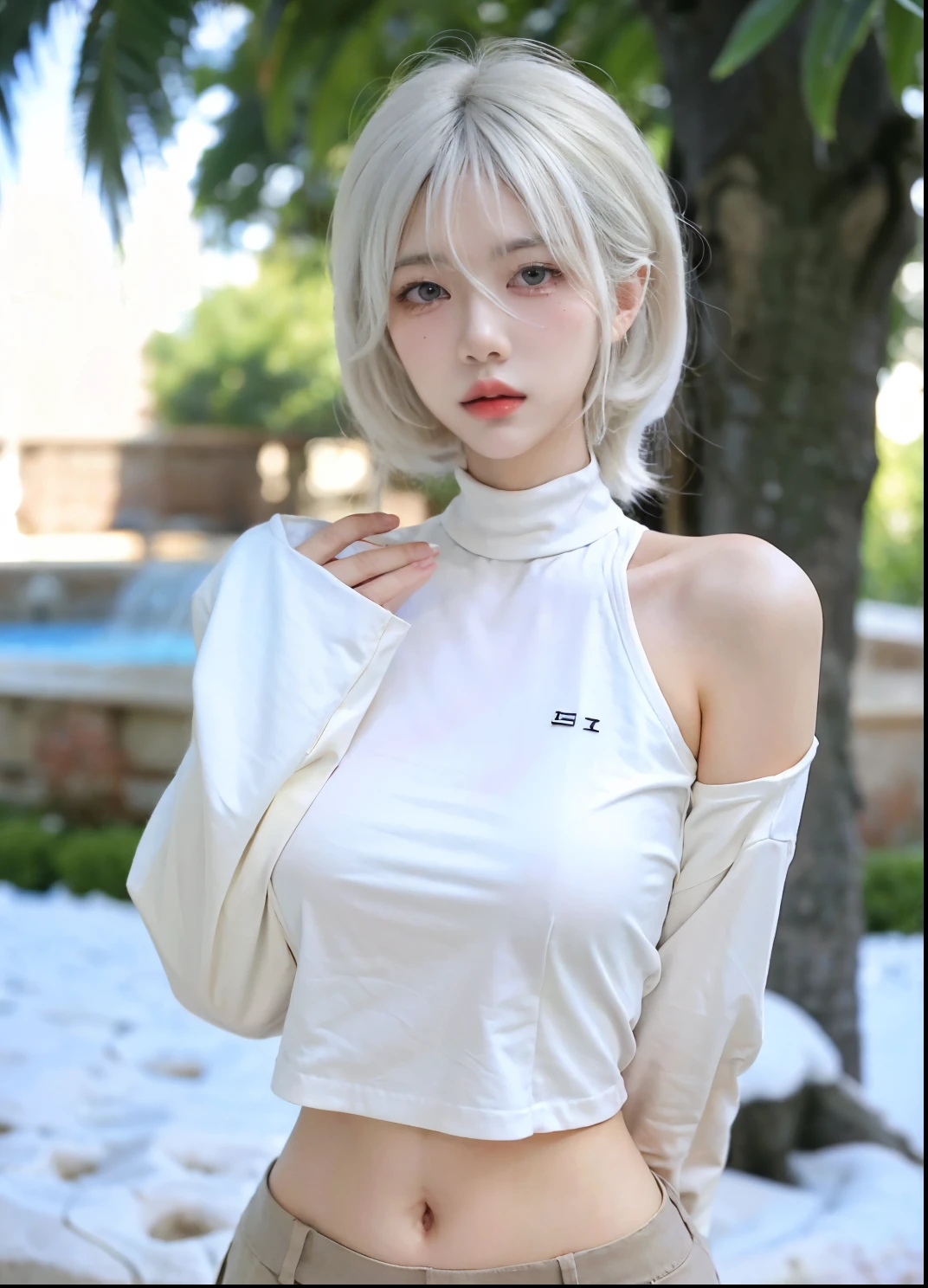 Beautiful woman with perfect figure:1.4，Ultra-high resolution，Put your hands behind your back，Snow background，（Realism:1.4)，perspective，Layered hairstyle，Snow white skin，JK:1.5，Super short pleated skirt，whole body：1.4，Very delicate and skin texture，Double eyelids，Skin Whitening，Long hair，White hair
