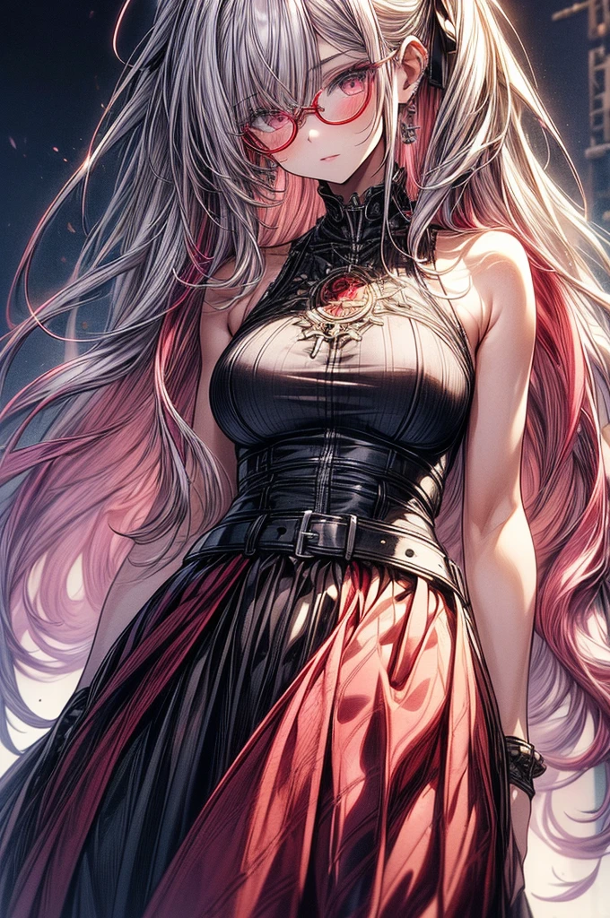 ((highest quality)),(ultra high resolution),(Super detailed),(detailed description),((best CG)),(best work of art),super precision art, great drawing art,(Art with precise details:1.5), (1 woman:1.5), beautiful and well-shaped face:1.5,(Beautiful skin with precise and detailed depiction:1.6),(Very precisely depicted sleeveless blouse and long frilly skirt),provocative angle:1.6,gorgeous, beautiful young age girl, 13 ynned white skin, long waist length hair(pink-red hair)(white highlights), soft facial features, heterochromatic eyes(left eye: silver)(right eye: red), elegant battle-styled sundress, cherry red plump lips, large E-cup breasts, short height(150cm). wide hips and large round ass, silver round-frame glasses, athletic and toned body