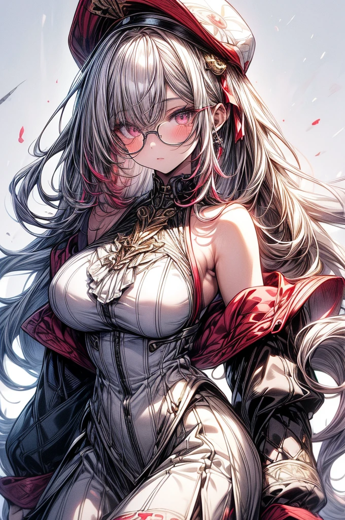 ((highest quality)),(ultra high resolution),(Super detailed),(detailed description),((best CG)),(best work of art),super precision art, great drawing art,(Art with precise details:1.5), (1 woman:1.5), beautiful and well-shaped face:1.5,(Beautiful skin with precise and detailed depiction:1.6),(Very precisely depicted sleeveless blouse and long frilly skirt),provocative angle:1.6,gorgeous, beautiful young age girl, 13 ynned white skin, long waist length hair(pink-red hair)(white highlights), soft facial features, heterochromatic eyes(left eye: silver)(right eye: red), elegant battle-styled sundress, cherry red plump lips, large E-cup breasts, short height(150cm). wide hips and large round ass, silver round-frame glasses, athletic and toned body