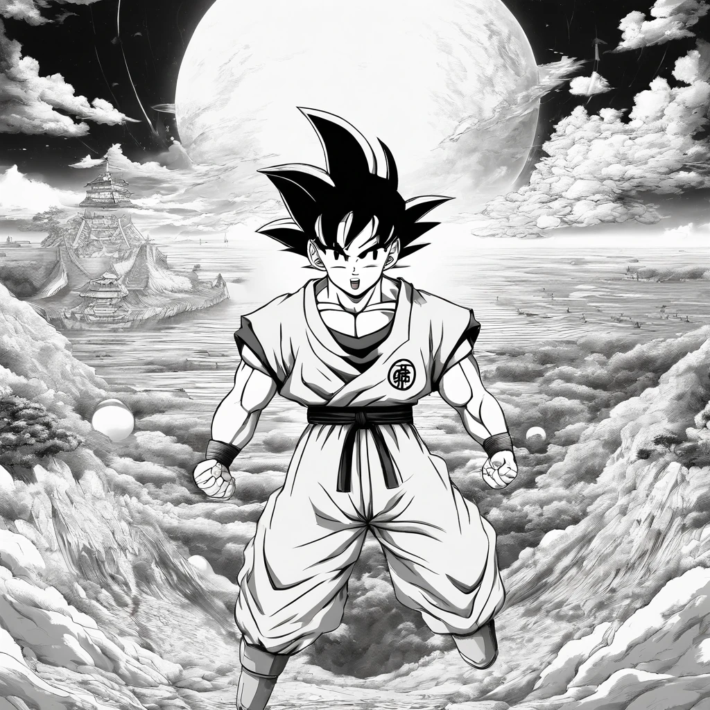 Great a manga story with Son goku and Krillin in diverses situations, diverse dragon ball scenes very detailed, scene in black and white, manga page, diverse environnement background, very high quality,