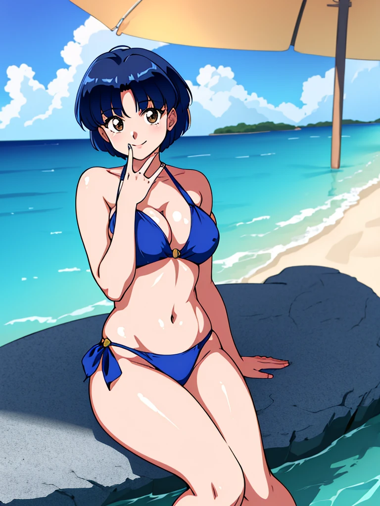 HDR, CG, sharp focus, (8k), (4k), masterpiece, best quality, detailed skin, extremely detailed, hiper detailed, sharp focus, looking at viewer, high quality, AKANE, Akane tendou, short hair, blue hair, brown eyes , tetas grandes, solo, 1girl, beach background, hands on chest, sit on rockd, bikini, waving, happy smile,