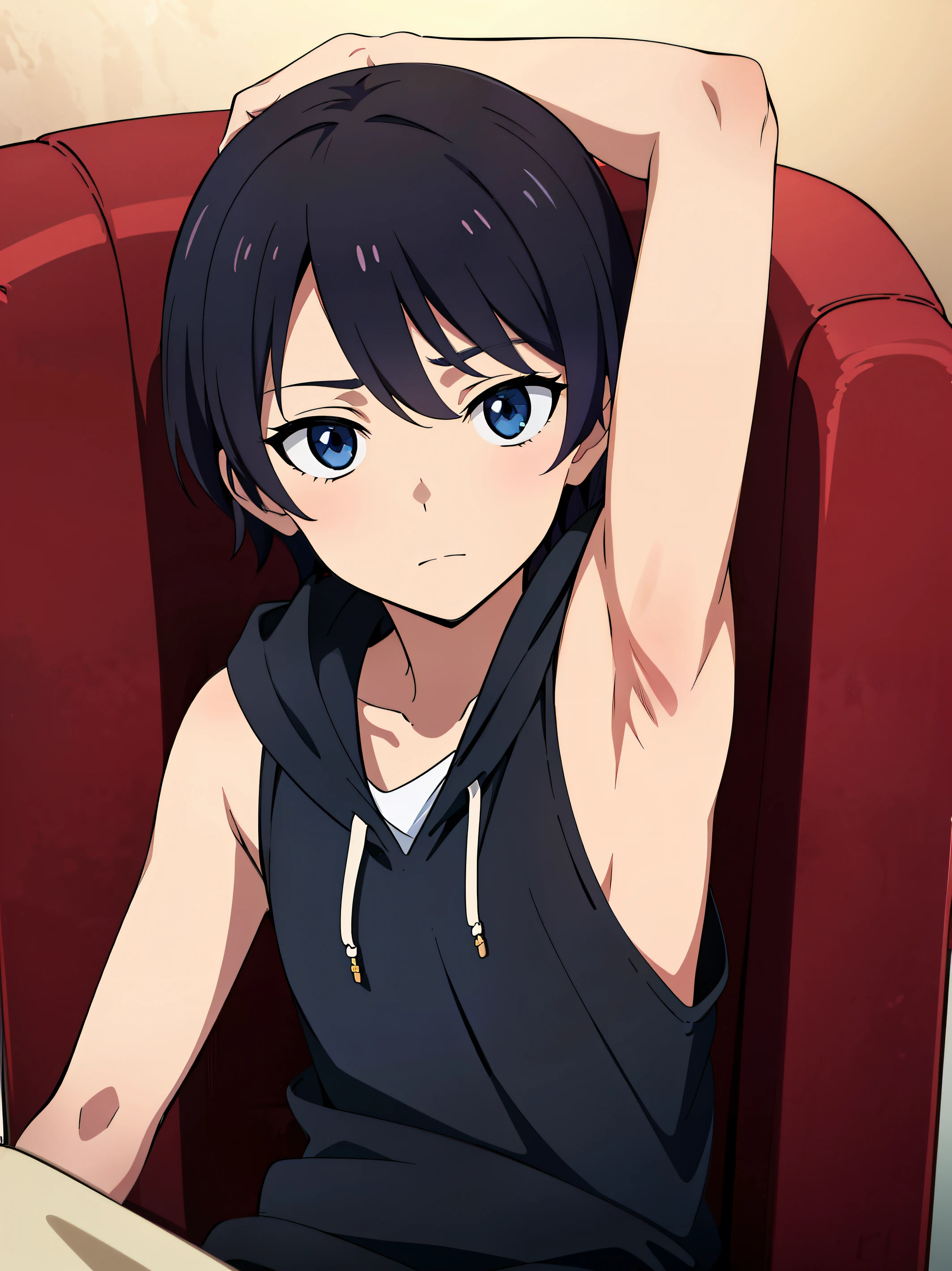 Highres, Masterpiece, Best quality at best,Best Quality,hight quality, hight detailed, 1boy, Boy,Fluffy hair, Side bangs, Shota, Sweat, Sleeveless hoodie, Choker, Glove, Handsock arm, Collarbone, Depth of field, Anime screencap style, thin line, Sitting on the chair, Seen from the front, Little sweat, Kpop, Cute boy, (very small and short stature), (very young boy), s, Blurry and simple beckground, bokeh, Uhd