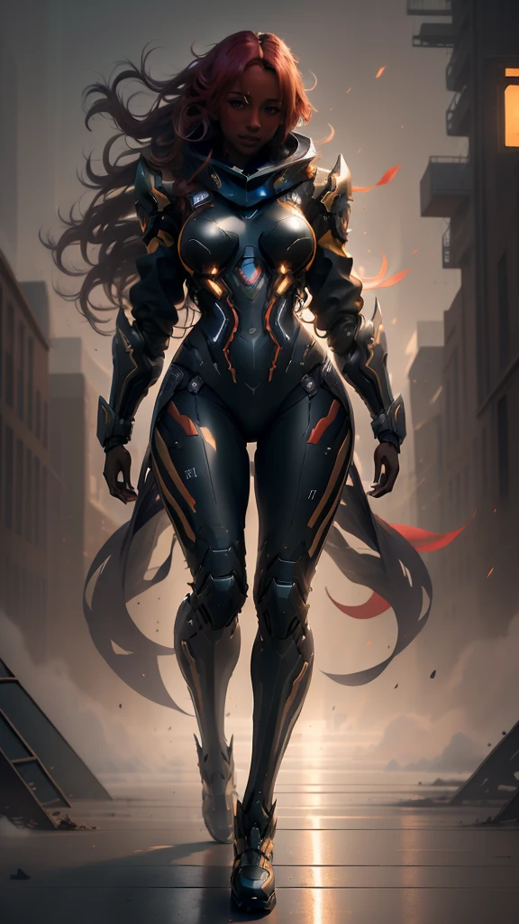 (best quality,4k,8k,highres,masterpiece:1.2),1 girl, red scarlet hair, yellow eyes, very long hair, dark ebony skin, fit body, slender body, slim waist, large breasts, (confident expression), pilot suit, thigh gap, (best quality,4k,8k,highres,masterpiece:1.2),ultra-detailed,(realistic,photorealistic,photo-realistic:1.37),digital painting, highly detailed, intricate details, hyperrealistic, dynamic pose, dramatic lighting, volumetric lighting, vibrant colors, cinematic composition