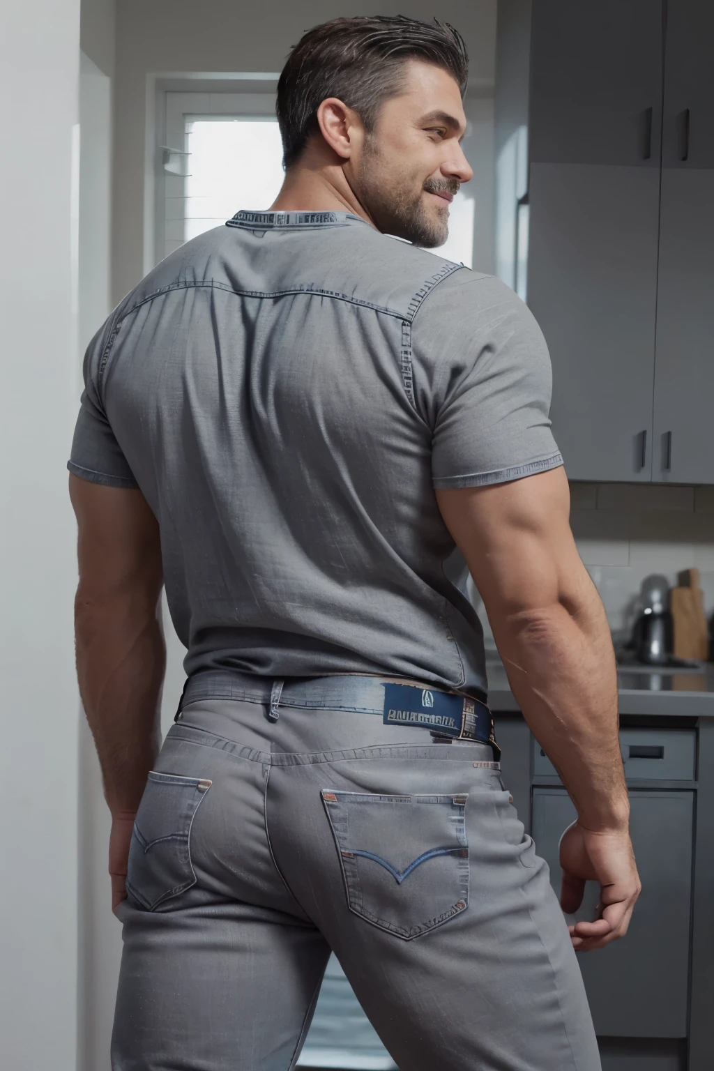 Award-winning original photoen, 30 years old man and wild muscular man, 40 years old, short beards, burly, hunk, wearing shirts, smilling happil, detailed, lovely, ((full body)), (((shirtless )))(((gray jeans))) (((backside))) (((Big )))
