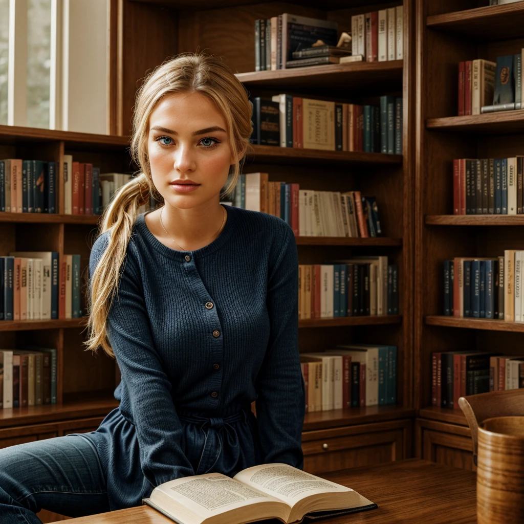 A blonde woman in her 30s with blue eyes is sitting in a quiet, modern library. She has her long hair tied back in a ponytail or chignon. She is dressed in classic, everyday clothing in black, such as a comfortable blouse and jeans or a casual dress. She is seated behind a table with several books spread out in front of her, as if she is studying or reading. The background shows bookshelves filled with books, creating a scholarly and serene atmosphere. She is alone in the image.
The image should capture a peaceful, intellectual moment with an ultra-realistic and high-quality look. Everything in the image, including the woman, her black outfit, and the library setting, should be as detailed and realistic as possible. The facial details, hair, and clothing textures should be extremely lifelike, with intricate textures. The details of the books, the table, and the bookshelves should be enhanced to an ultra-realistic level. Additionally, add a subtle film grain effect to the image to give it a cinematic quality. The image should have the crystal clear quality of a Fujifilm XT3 photograph, with the beautiful figure framed at the center. The woman's body should have slightly more generous curves, enhancing her natural figure in a tasteful and realistic manner. Everything should be the highest possible quality with the most realistic details.