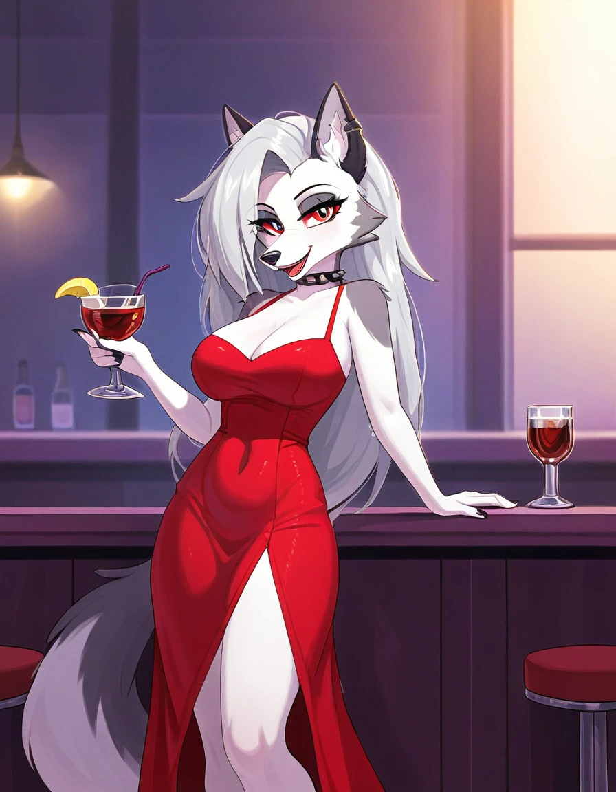 loona, hellhound, standing at a bar counter, in a bar, holding a shot glass of liquor, wearing a red dress, in a busy bar, grinning at you,