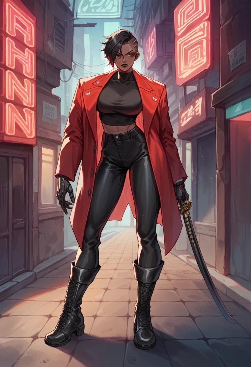 beautyfull strong woman, tall woman,black robotic implants,  black woman, red details, brown skin, sidecut big dreads black hair, tomboy, black lipstick, red suit, black boots, holding a big red katana, red neon lights