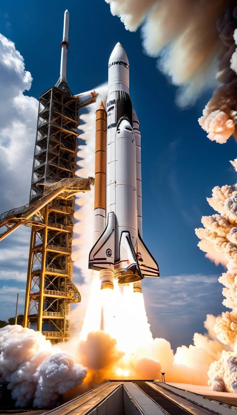 A white rocket is blasting off the launch pad, flames and smoke billowing from its engine. The scene is filled with excitement and intensity as the rocket ascends into the sky.