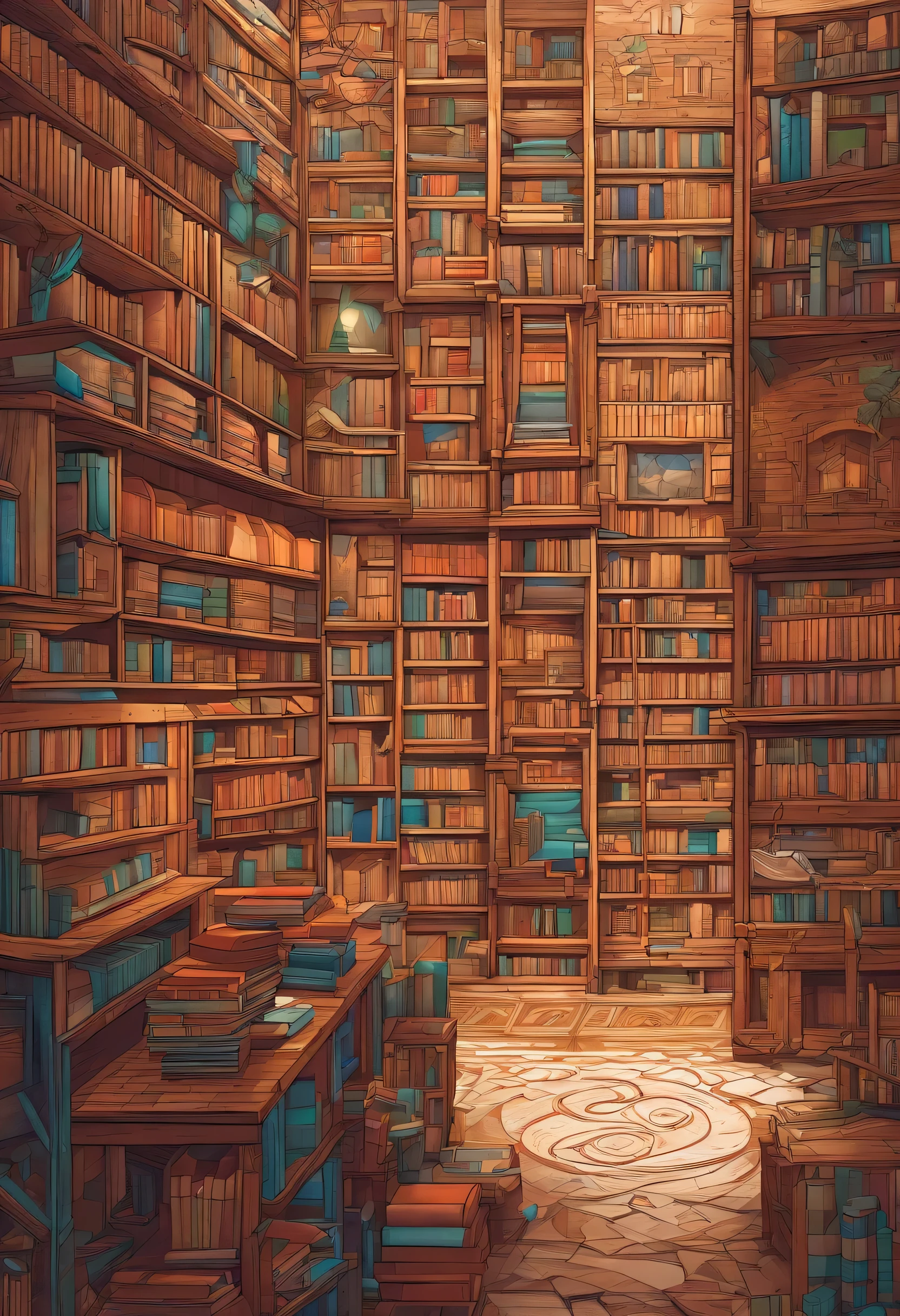 pixelarte，medieval times，Inside a library，Tables and chairs，Bookcases，globe，magic set，Stained glass，Parchment，pencils, door to a fantasy world