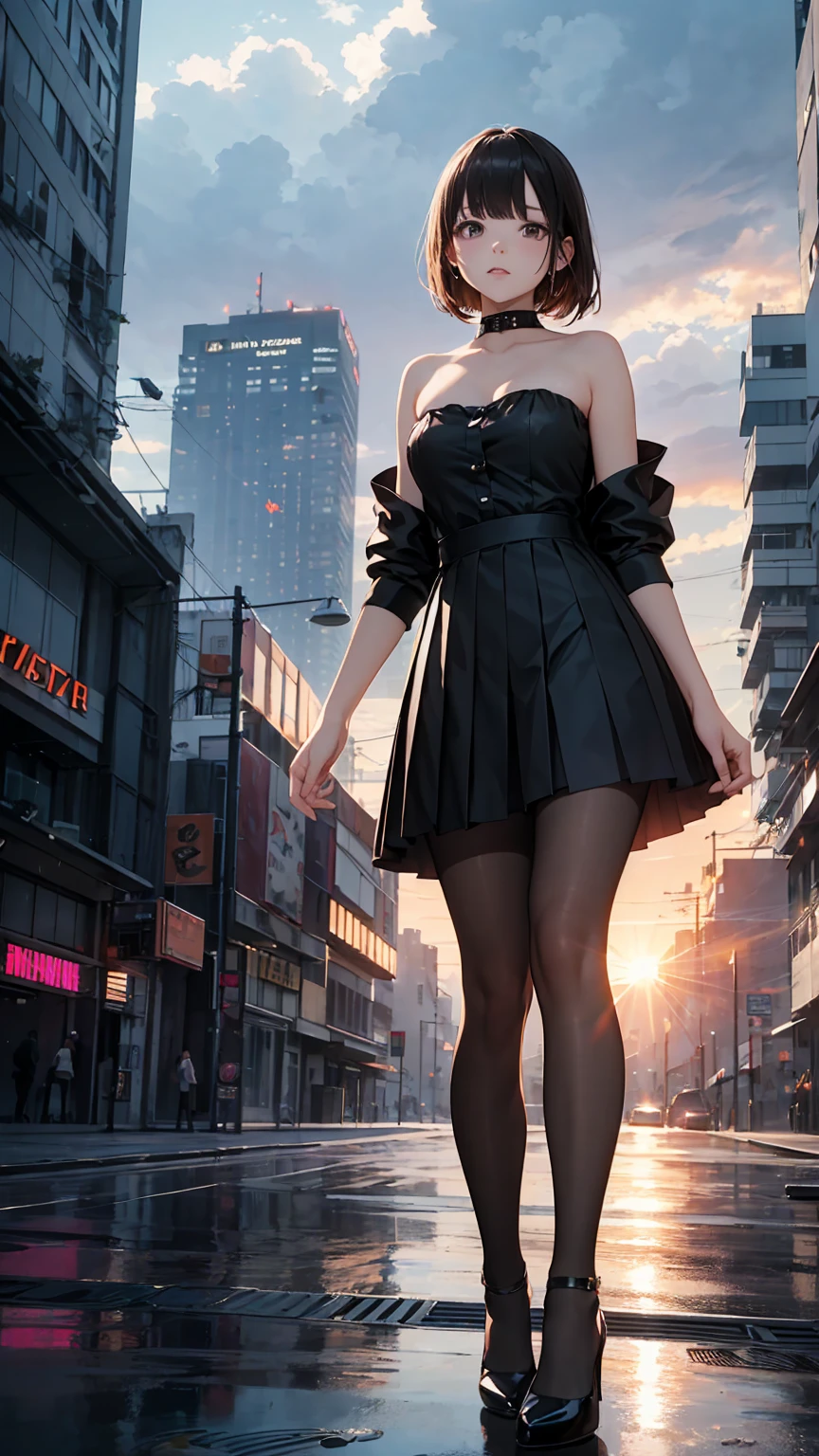 Mature Caucasian Woman、Sexy Gothic ta Fashion、Shibuya Scramble Crossing、smile、Mini length、Too much exposure、Exposed thighs