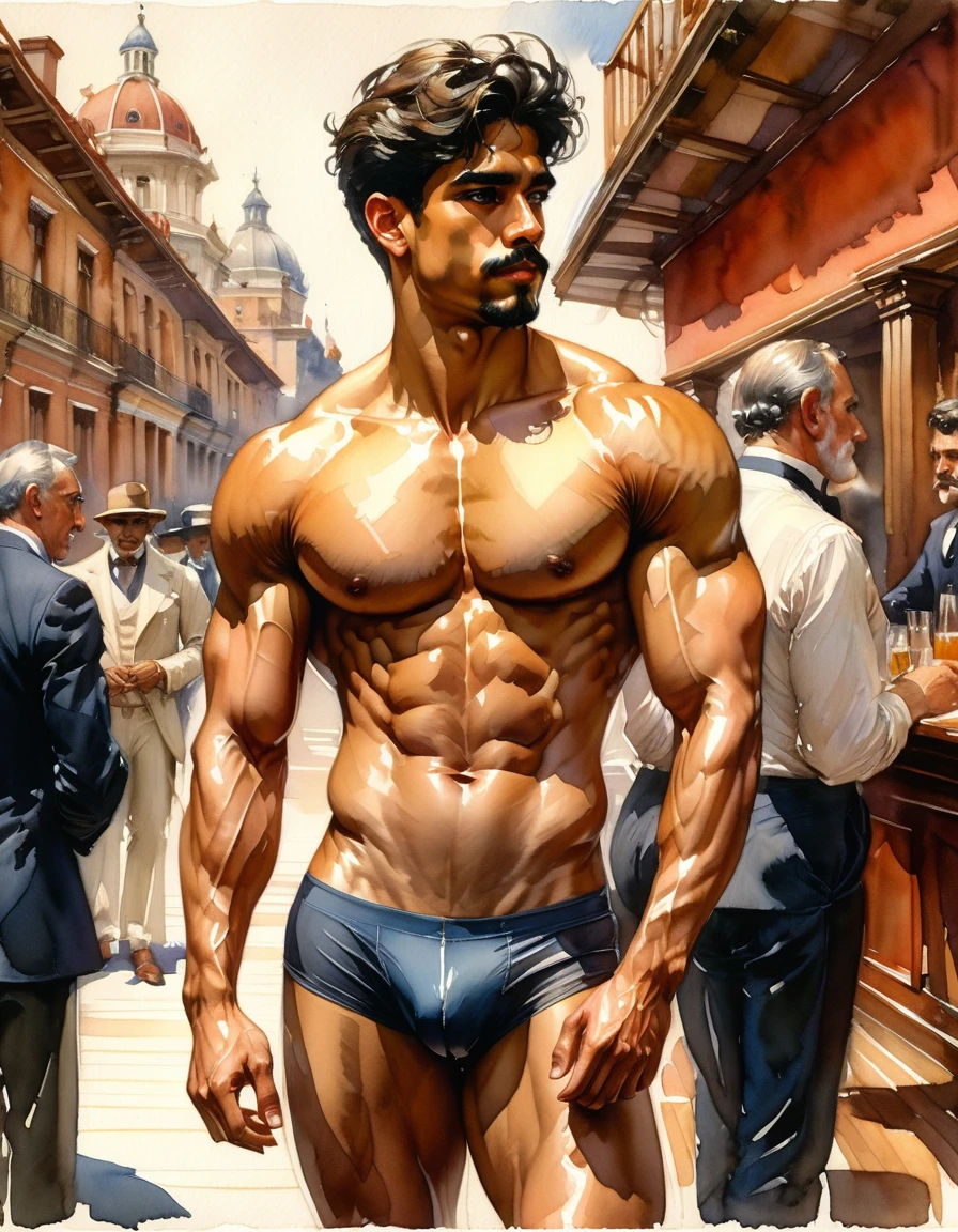 watercolor In the iconic art style of joaquin sorolla an henry scott tukei, a hyperrealistic, meticulous illustration of a young, slim, and muscular Latino with a strong display of leadership body language and perfectly detailed anatomy. He's illuminated by the warming sun, standing barefoot in the center of a victorian gentleman bar with many victorian men looking at him. The Latino man, with strong muscular legs, a peaceful gaze, and a subtly hidden smile, hints at his athleticism, wearing a swimmer's