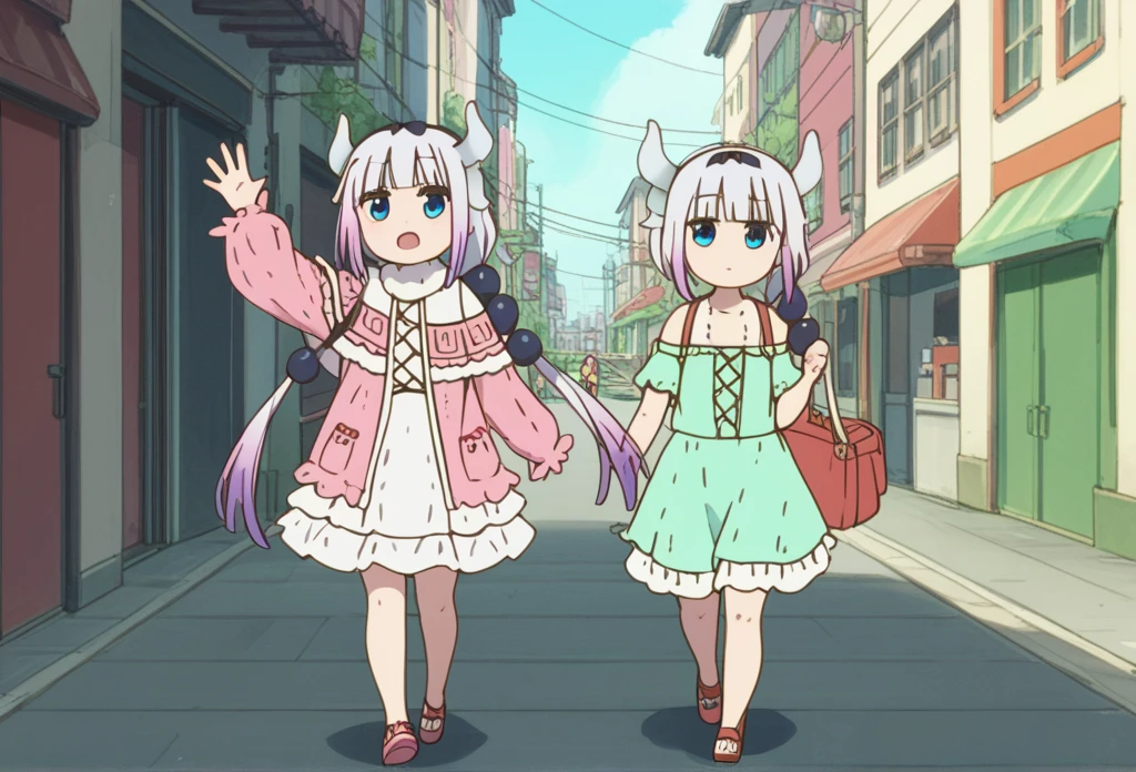 Kanna Kamui, dragon_horns, Walking through the city waving