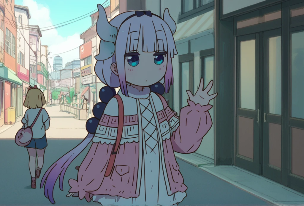Kanna Kamui, dragon_horns, Walking through the city waving