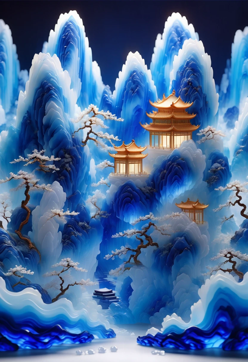 A fine landscape design carved into a blue and white porcelain vase，translucent glass material,Blue and white gradient,Traditional Chinese Landscape Painting,Abstract shapes,Minimalism,cave，,3d