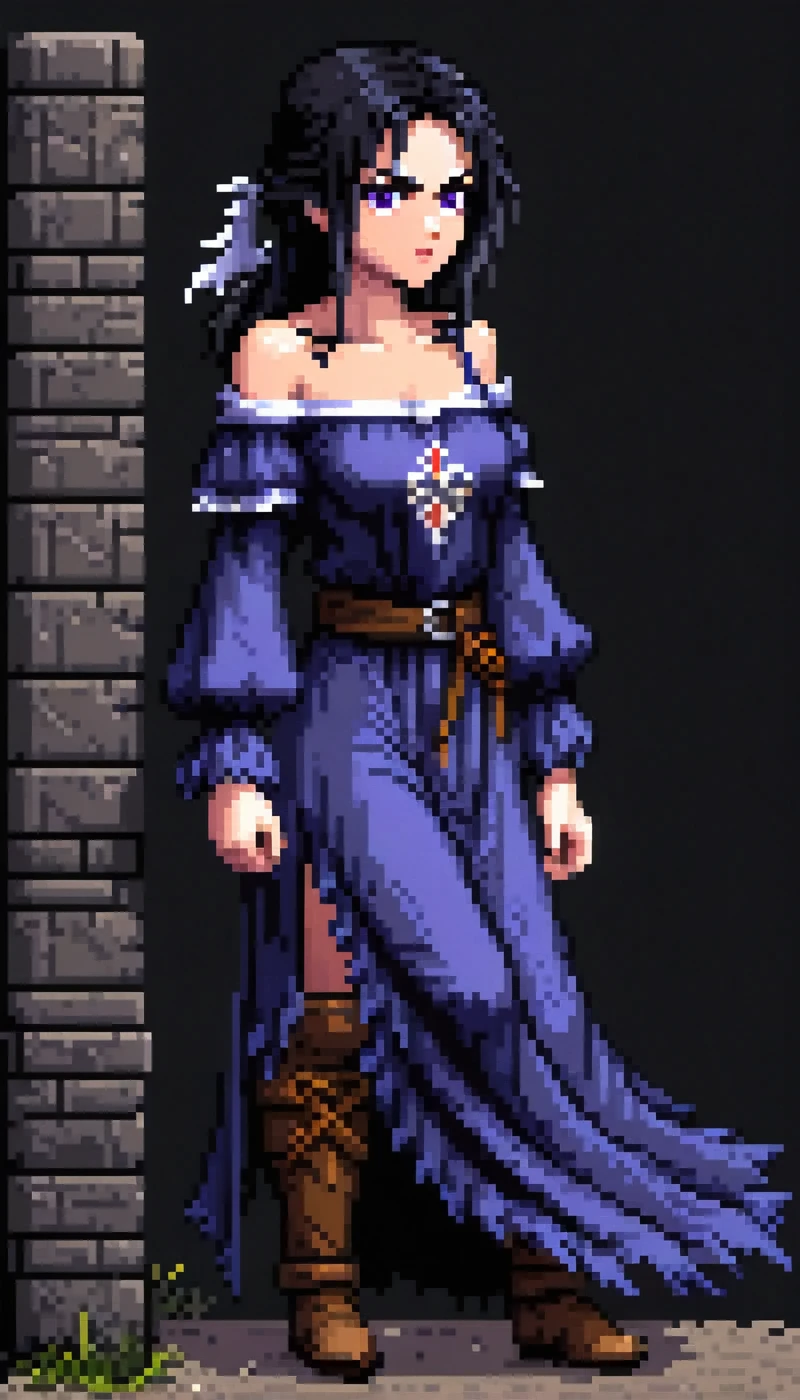 (Pixel art: 1.2), 1 girl, 40 years old, ragged medieval dark blue peasant tunic, off-shoulder and shoulder-less design, no acessories, purple eyes, side view, full body, covered nipples, visible lips and nose, black hair, black background, angry and determined expression.