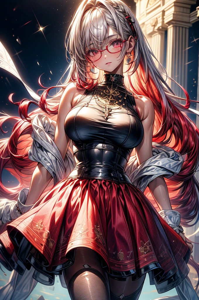 ((highest quality)),(ultra high resolution),(Super detailed),(detailed description),((best CG)),(best work of art),super precision art, great drawing art,(Art with precise details:1.5), (1 woman:1.5), beautiful and well-shaped face:1.5,(Beautiful skin with precise and detailed depiction:1.6),(Very precisely depicted sleeveless blouse and long frilly skirt),provocative angle:1.6,gorgeous, beautiful young teenage girl, 13 years old, tanned white skin, long waist length hair(pink-red hair)(white highlights), soft facial features, heterochromatic eyes(left eye: silver)(right eye: red), elegant battle-styled sundress, cherry red plump lips, large E-cup breasts, short height(150cm). wide hips and large round ass, silver round-frame glasses, athletic and toned body
