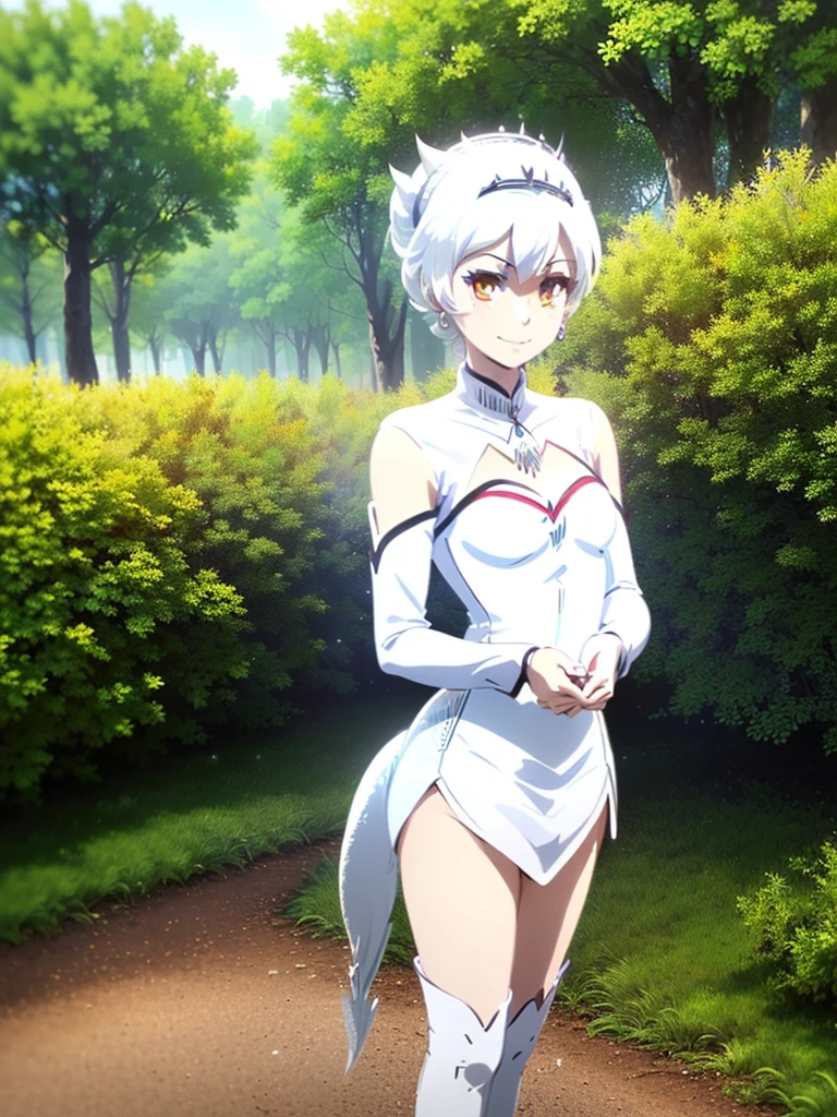 great quality ++ Extremely detailed high resolutionolution, very aesthetic, expressive eyes, (((Perfect face))), (((face symmetrical))), ((good anatomy)), (((perfect hands))), (((8k))), UHD, hd wallpaper, (((detailed high cal, (((((1girl)))))), only, Masterpiece, The best quality, high resolution, Highly detailed, (illustration), Beautiful detailed eyes, ((((full body))), (((solo))), (((((Miyu Edelfelt))))), (((cosplay of weissvale))), (((smiling))), (((fusion))), (((agglutination))), (((Combination))), (((((Whitehair))))), (((ponytail))), (((white dress))), (((jewelry))), (((necklace))), (((earrings))), only, jaeces, earrings, long hair, parody, (((scar))), (((scar ocular))), (((hair ornament))), (((winter forest background))), Side ponytail, scar en la cara, Upper part of the body, (((They smile))), (((cosplay of Weiss Schnee))), (((tiara))), (((jewelry))), (((earrings))), (((neckline trimming))),