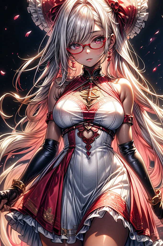 ((highest quality)),(ultra high resolution),(Super detailed),(detailed description),((best CG)),(best work of art),super precision art, great drawing art,(Art with precise details:1.5), (1 woman:1.5), beautiful and well-shaped face:1.5,(Beautiful skin with precise and detailed depiction:1.6),(Very precisely depicted sleeveless blouse and long frilly skirt),provocative angle:1.6,gorgeous, beautiful young teenage girl, 13 years old, tanned white skin, long waist length hair(pink-red hair)(white highlights), soft facial features, heterochromatic eyes(left eye: silver)(right eye: red), elegant battle-styled sundress, cherry red plump lips, large E-cup breasts, short height(150cm). wide hips and large round ass, silver round-frame glasses, athletic and toned body