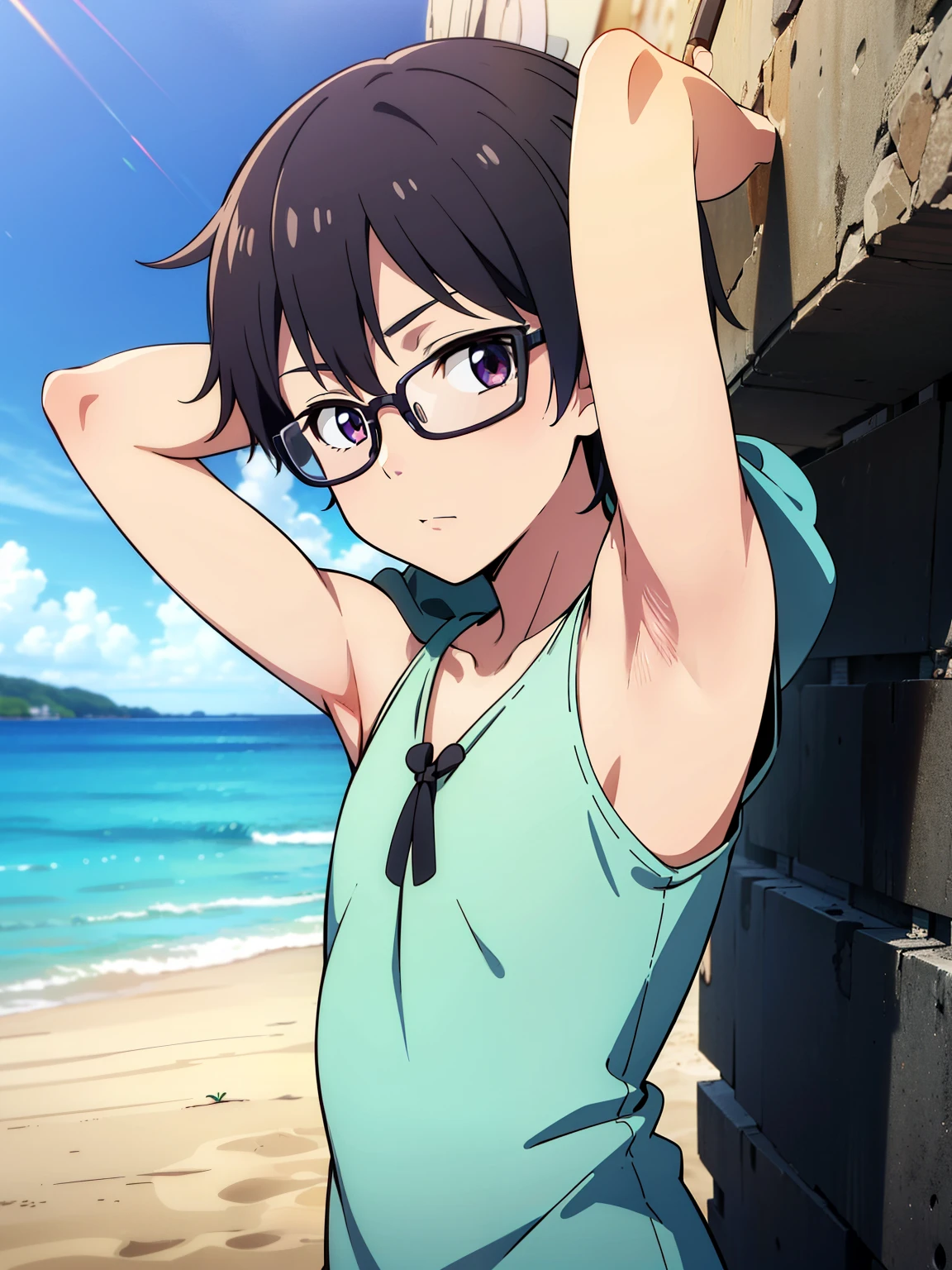 Highres, Masterpiece, Best quality at best,Best Quality,hight quality, hight detailed, Anime screencap style, 1boy, Shota, Little boy, Solo, holding the back of his head, tank top, sleeveless hoodie, Seen from the front, look at viewer, Beach, wear a hat, glasses, (very young boy), (very small and short body), 12-year-old boys, (Showing armpit:1.3), hansome boy, Uhd, 4k, wallpaper