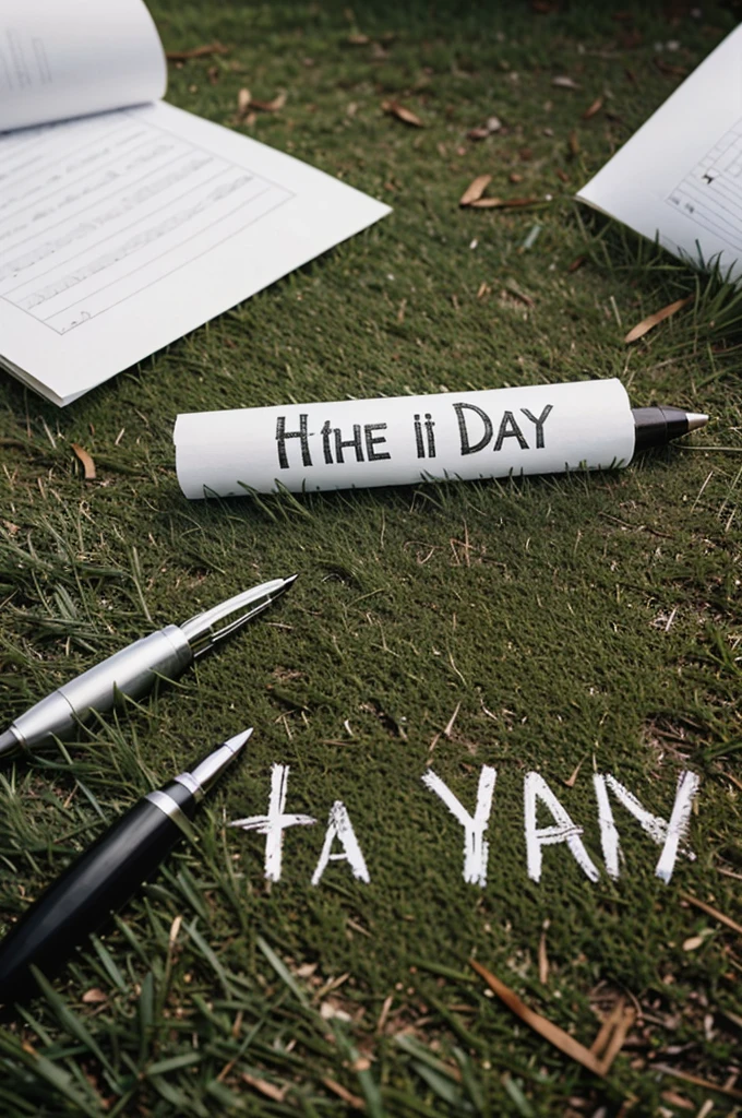 On the green grass there is a piece of paper and a pen that says HAPPY DAY