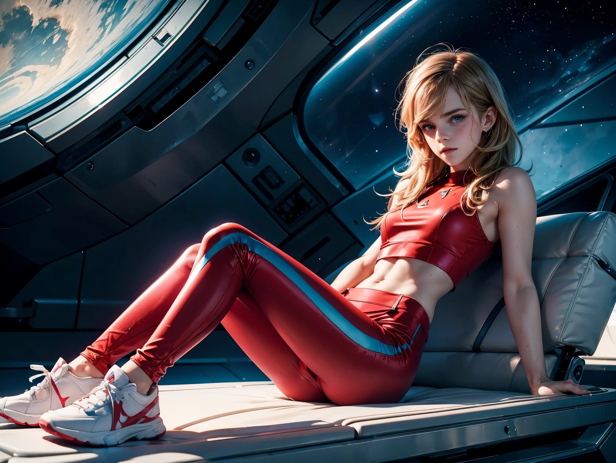 beautiful  emma watson dressed in a plugsuit of evangelion blonde. freckles. sparkly blue eyes that speak of innocence and acceptance. Slender frame and beautiful figure. tight red pants. crop top. reading while lying outside a spaceship. sci-fi. red tennis shoes.
