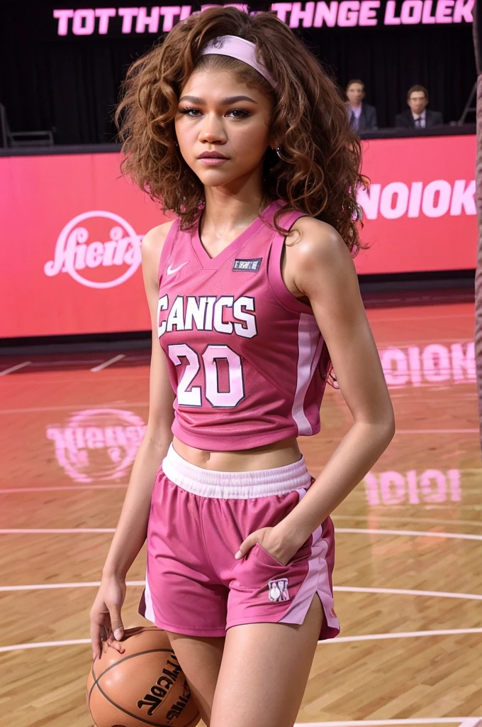 Zendaya with brown curly hair wearing pink basketball jersey inside a basketball court 