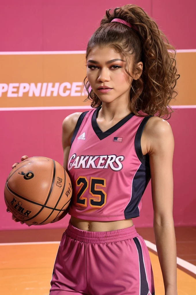 Zendaya with brown curly hair wearing pink basketball jersey inside a basketball court 