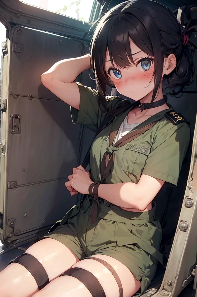 1 girl, sitting, inside a military vehicle, (((military uniform, mini shorts))), ((short sleeve)), (tied up:1.5), arms up, restrained, (worried:1.5), (blushing:1.5), perfect body, perfect face, perfect eyes, detailed eyes, beautiful eyes, big thighs, detailed face, full body 