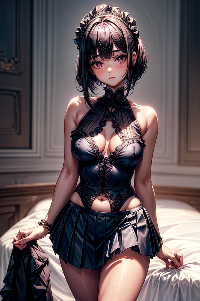 ((highest quality)),(ultra high resolution),(Super detailed),(detailed description),((best CG)),(best work of art),super precision art, great drawing art,(Art with precise details:1.5), (1 woman:1.5), beautiful and well-shaped face:1.5,(Beautiful skin with precise and detailed depiction:1.6),(Very precisely depicted sleeveless frill blouse and long pleated skirt:1.5),provocative angle:1.6,gorgeous, beautiful young age girl, 13 yghtly tanned white skin, loose and flowing silky thigh-length negligee sleepwear, short shoulder length hair, sleek dark violet-black hair, Bob-cut hair, big round velvet colored eyes, fringe bangs over forehead, oval shaped face, sharp facial features, high-bridged nose, full cherry pink lips. medium height(172cm). D-cup breasts, small narrow waist. small delicate curvy hips, smooth silky thick thighs, large round ass, hourglass figure, slim yet plump thick build, standing upright, full body picture, hip-level shot. classy and opulent bedroom setting