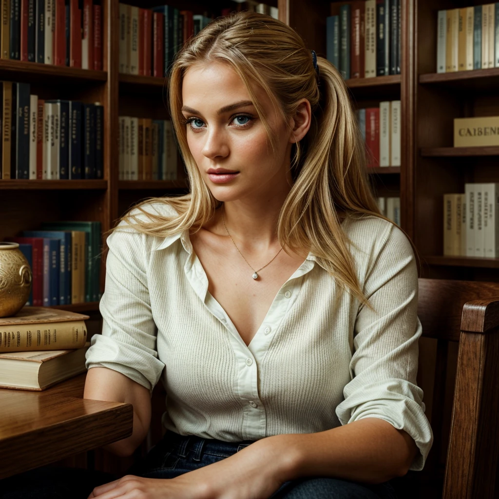 a beautiful woman with long light blonde hair, wearing a loose, plunging neckline floral top, in a cozy library. Warm and soft lighting. amazing photograph, DSLR, 80mm Sigma f2, depth of field, intricate natural lighting