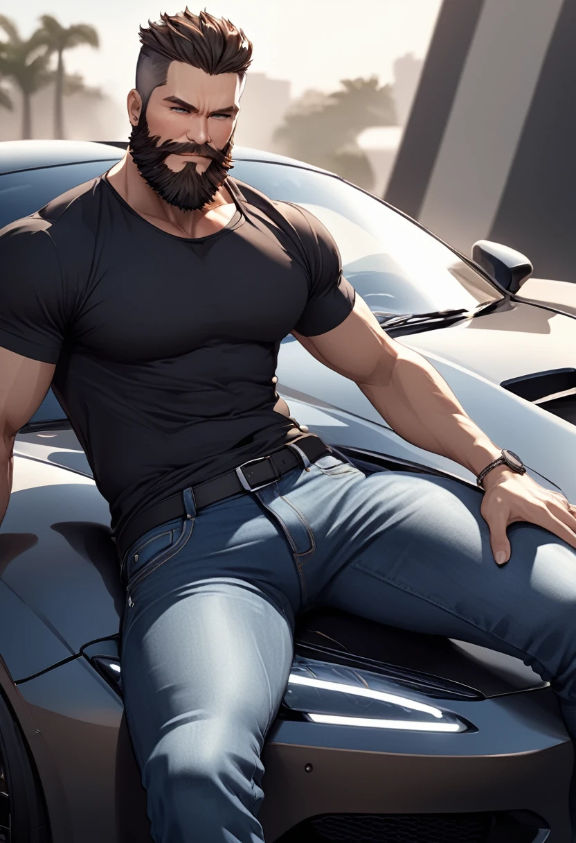 detailed illustration, dynamic angle, ultra-detailed, illustration, 1man, smirk, black shirt, jeans, sitting on a sports car, sexy, seductive, beard