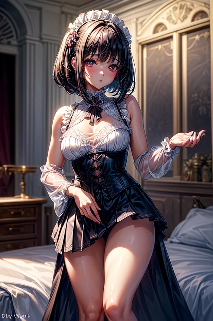 ((highest quality)),(ultra high resolution),(Super detailed),(detailed description),((best CG)),(best work of art),super precision art, great drawing art,(Art with precise details:1.5), (1 woman:1.5), beautiful and well-shaped face:1.5,(Beautiful skin with precise and detailed depiction:1.6),(Very precisely depicted sleeveless frill blouse and long pleated skirt:1.5),provocative angle:1.6,gorgeous, beautiful young age girl, 13 yghtly tanned white skin, loose and flowing silky thigh-length negligee sleepwear, short shoulder length hair, sleek dark violet-black hair, Bob-cut hair, big round velvet colored eyes, fringe bangs over forehead, oval shaped face, sharp facial features, high-bridged nose, full cherry pink lips. medium height(172cm). D-cup breasts, small narrow waist. small delicate curvy hips, smooth silky thick thighs, large round ass, hourglass figure, slim yet plump thick build, standing upright, full body picture, hip-level shot. classy and opulent bedroom setting