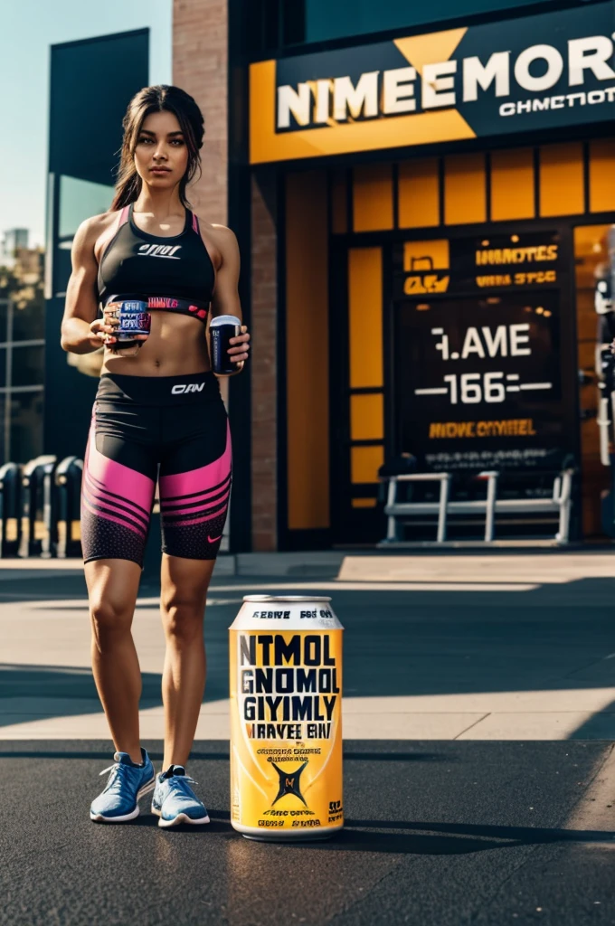 Advertising with content of an energy drink with the name “immortal” and a gym in the background