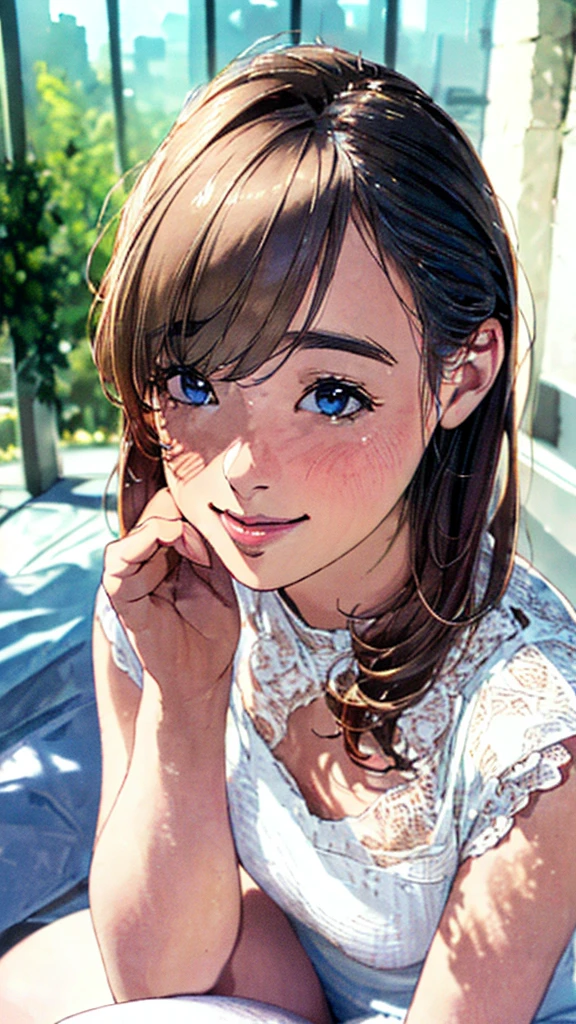 (best quality,4k,8k,highres,masterpiece:1.2),ultra-detailed,(realistic,photorealistic,photo-realistic:1.37),A girl,,blushing,light smile,sitting,outdoors,beautiful detailed eyes,beautiful detailed lips,extremely detailed eyes and face,long eyelashes,soft morning light,vibrant colors,delicate textures,subtle shadows