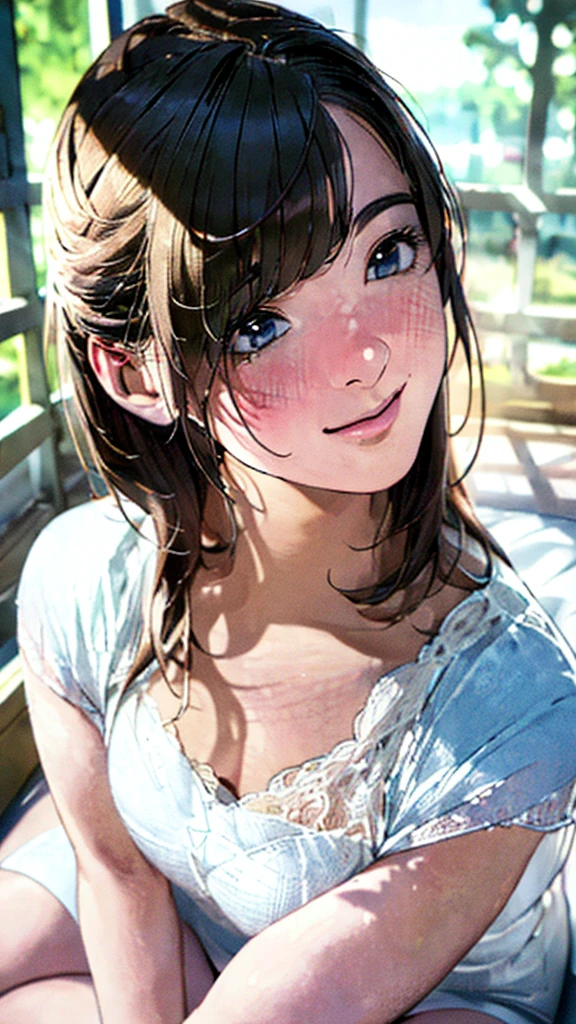 (best quality,4k,8k,highres,masterpiece:1.2),ultra-detailed,(realistic,photorealistic,photo-realistic:1.37),A girl,,blushing,light smile,sitting,outdoors,beautiful detailed eyes,beautiful detailed lips,extremely detailed eyes and face,long eyelashes,soft morning light,vibrant colors,delicate textures,subtle shadows