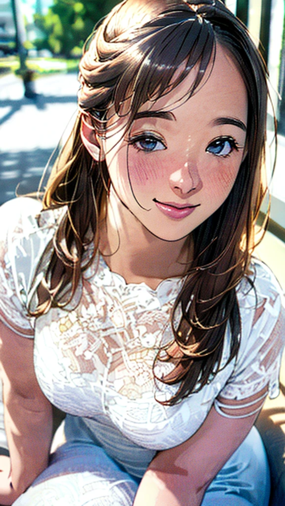 (best quality,4k,8k,highres,masterpiece:1.2),ultra-detailed,(realistic,photorealistic,photo-realistic:1.37),A girl,,blushing,light smile,sitting,outdoors,beautiful detailed eyes,beautiful detailed lips,extremely detailed eyes and face,long eyelashes,soft morning light,vibrant colors,delicate textures,subtle shadows