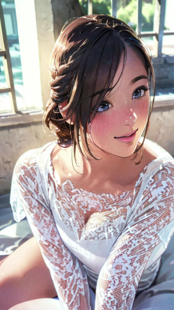 (best quality,4k,8k,highres,masterpiece:1.2),ultra-detailed,(realistic,photorealistic,photo-realistic:1.37),A girl,,blushing,light smile,sitting,outdoors,beautiful detailed eyes,beautiful detailed lips,extremely detailed eyes and face,long eyelashes,soft morning light,vibrant colors,delicate textures,subtle shadows