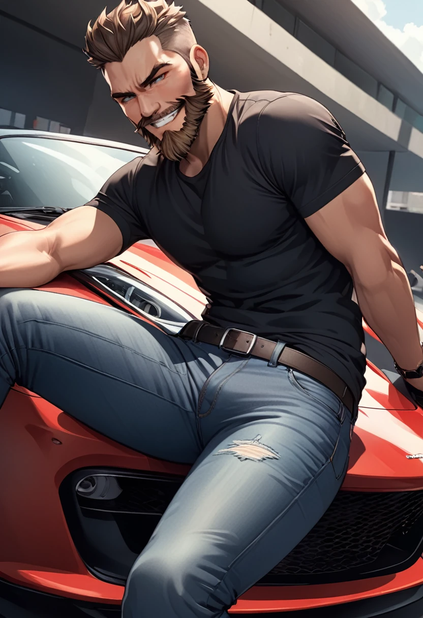 detailed illustration, dynamic angle, ultra-detailed, illustration, 1man, smirk, black shirt, jeans, sitting on a sports car, sexy, seductive, trimmed beard, brown eyes, detailed eyes