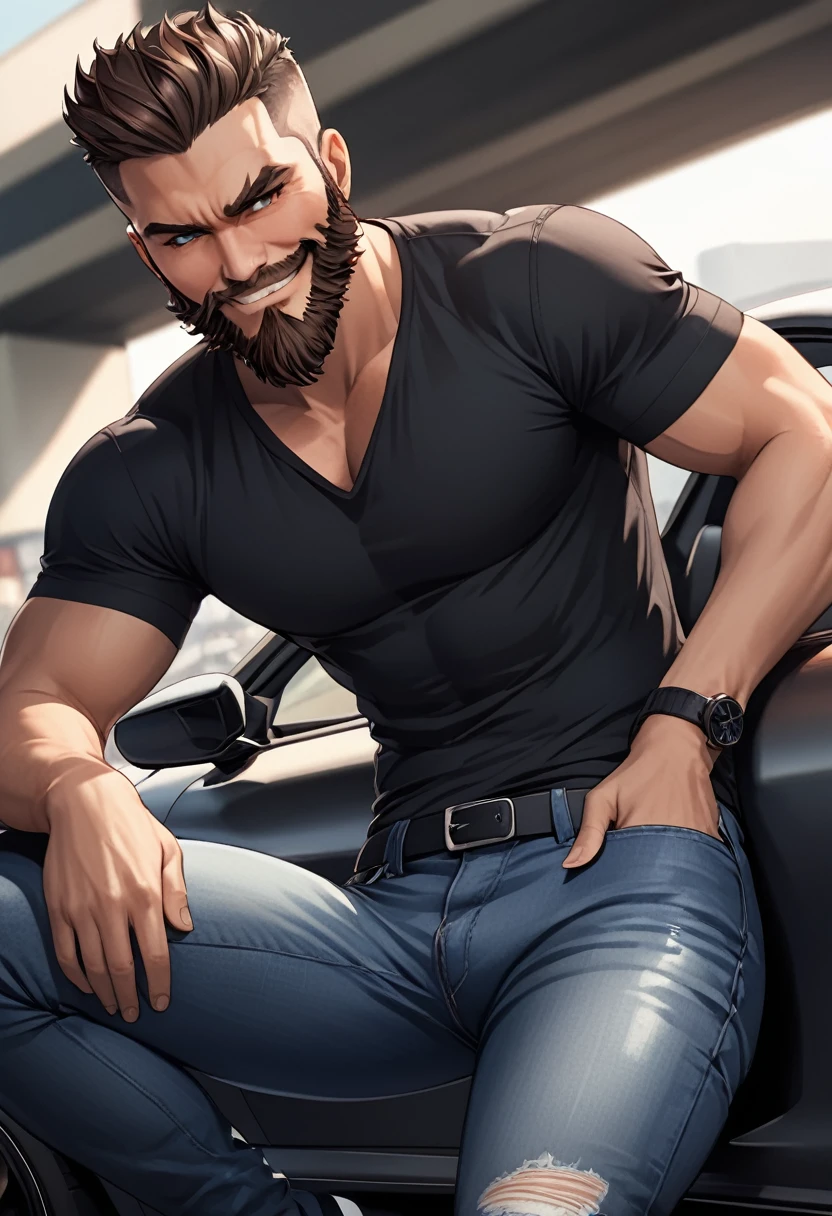 detailed illustration, dynamic angle, ultra-detailed, illustration, 1man, smirk, black shirt, jeans, sitting on a sports car, sexy, seductive, trimmed beard, brown eyes, detailed eyes
