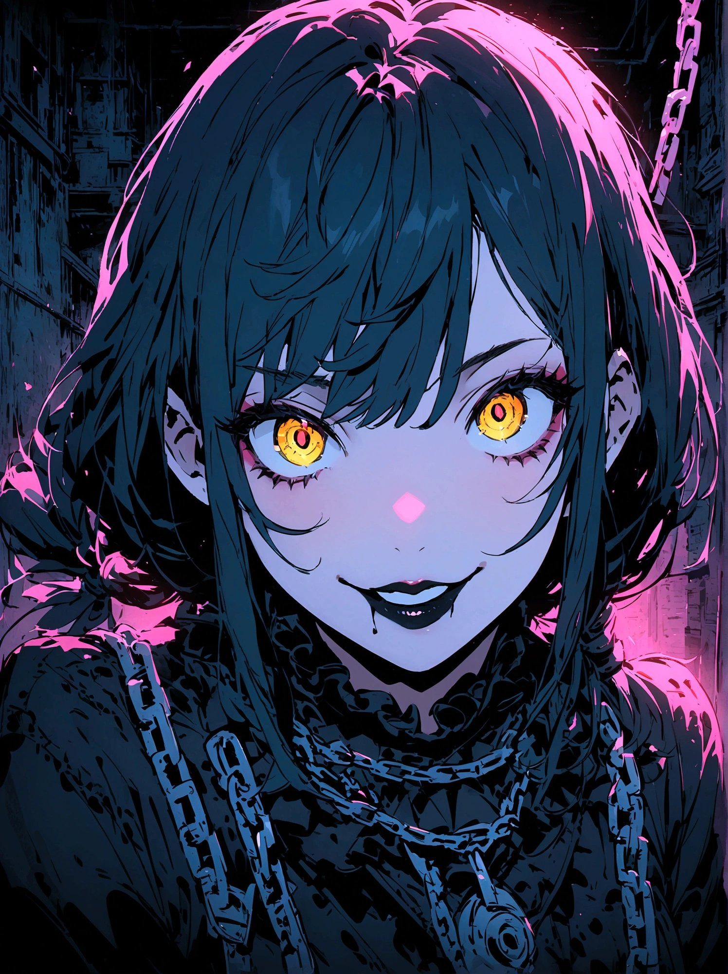 anime, goth style woman, chain accesories, dark clothes with a shade of gold, Japanese-style hair tied and a little messy, dark gothic makeup, black lips, dark circles, smile, abandoned doll factory setting, horror, highres, ultra-detailed, (best quality,4k,highres,masterpiece),subdued colors, vivid colors, professional lighting, detailed lips, detailed eyes