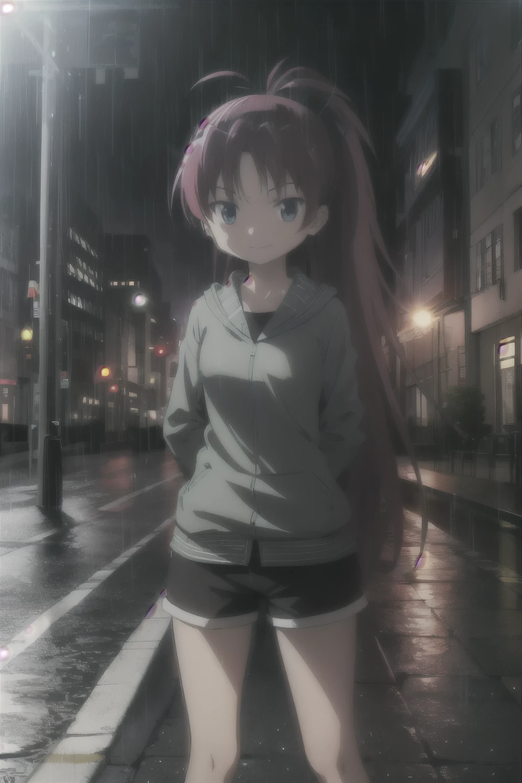 masterpiece, best quality, 1girl, long hair, (red hair), waist-length hair, ponytail, blue eyes, smiling, standing in the middle of the crosswalk, a crosswalk, Traffic light which the red lights on, ((raining)), ((in the night)), midnight, dark, wearing a black sweatshirts, short pants, with one's hands down, ((detail face)), (put one's hands behind one's back), (expressionless)