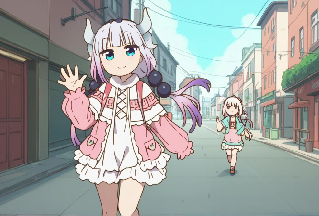 Kanna Kamui, dragon_horns, Walking through the city waving and smiling this way