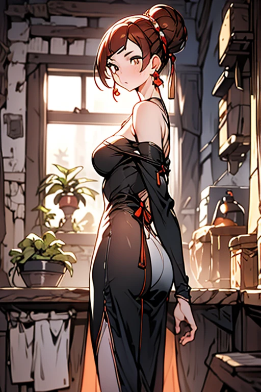 (from below:1.2), (perky chest:1.2), (pointed chest:1.2), 1girl, Bust A Cup, Amazing Cleavage:1.1, thin waist, big ass, Raised cute, small breast: 1.1 posed cleavage:1.2、solo, looking at viewer, have a cute glass of cute beer glass,black hair, dark green eyes, dress, bare shoulders, jewelry, collarbone, side locks, hairband, earrings, indoors, off shoulder, arms behind back, plants, short hair with long locks, gild hairband, off-shoulder dress, sweater dress, off-shoulder sweater, red sweater, dark gold hair, big side hair, very long side hair,is rendered in (masterpiece: 1.2, best quality), with (ultra high resolution) and an exquisite (depth of field). This masterpiece is not only visually stunning but also tells,A scene of cooking in the kitchen