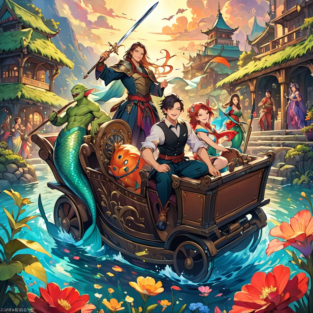 .(masterpiece: 1.4), (highest quality: 1.4), Very detailed, Complex, Very detailed, shape, Soft lighting, Scenic, More than one personで走り出そうとしている, A face full of hope, smile, More than one person, With a mixed number of men and women, A party of adventurers, Role-playing game characters, (Characters: Human, Medusa, Merman, Goblin), (Appearance: Swordsman style, Necromancer style, Bard style, Magician style), (Possessed item: Longsword, Dagger, Cursed staff, Magic wand, Shield, Metal armor, Leather armor), Perfectly accurate anatomical shape、All limbs intact、Perfect whole finger, Colorful characters, A colorful earth-tone landscape(escorting a carriage), Huge, Majestic, People who run towards tomorrow, Expressions that lead to a feeling of joy, みんなのsmile and his friends