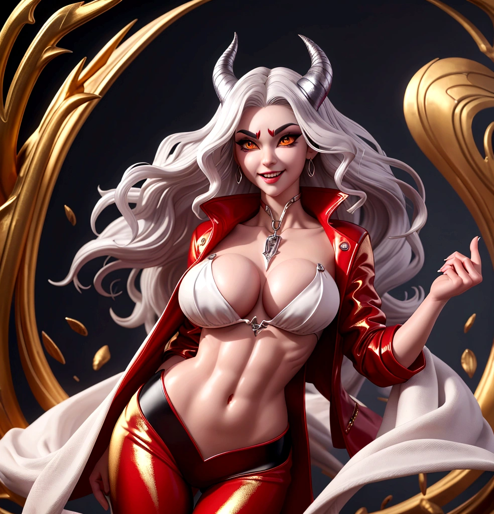 8K、Gorgeous White shirt,A bewitching succubus wearing a red and silver jacket.,so beautiful(Like the real thing)、gorgeous red and black pants,Women of Araphedo、Beautiful wavy silver hair、big breasts、5d cgi anime Fantasy artwork、Fan Art Mayo Art Station、Digital fantasy art)、Big blow Loss Draw、Spectacular fantasy art style、Beautiful Succubus、charm、Beautiful fangs、Looking at the audience、Captivating Gaze、masterpiece,masterpiece,Photorealistic RAW photos of the highest quality。Bright colors,Rich colors, Backlight, Cinema Lighting, Film Grain, 50MM lens, Nikon D850,Realistic Skin,Fantasy art,Character Art,Ultra-high resolution,Realistic scale skins,Goddess of Evil,Horns of the Evil God,A muscular and slender macho man,Golden Eyes(Golden Glitter Effect),My abdominal muscles are severely torn(超Realistic Skin),smile,White shirt,Red and silver jacket,Sandy Beach,