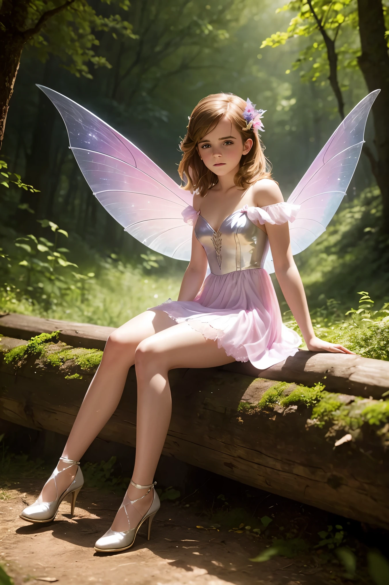 a beautiful teen emma watson as fairy sitting on a fence in the forest. her vibrant and youthful features create a striking juxtaposition of ethereal beauty. tight latex fairy dress, short dress, sparkly wings.
