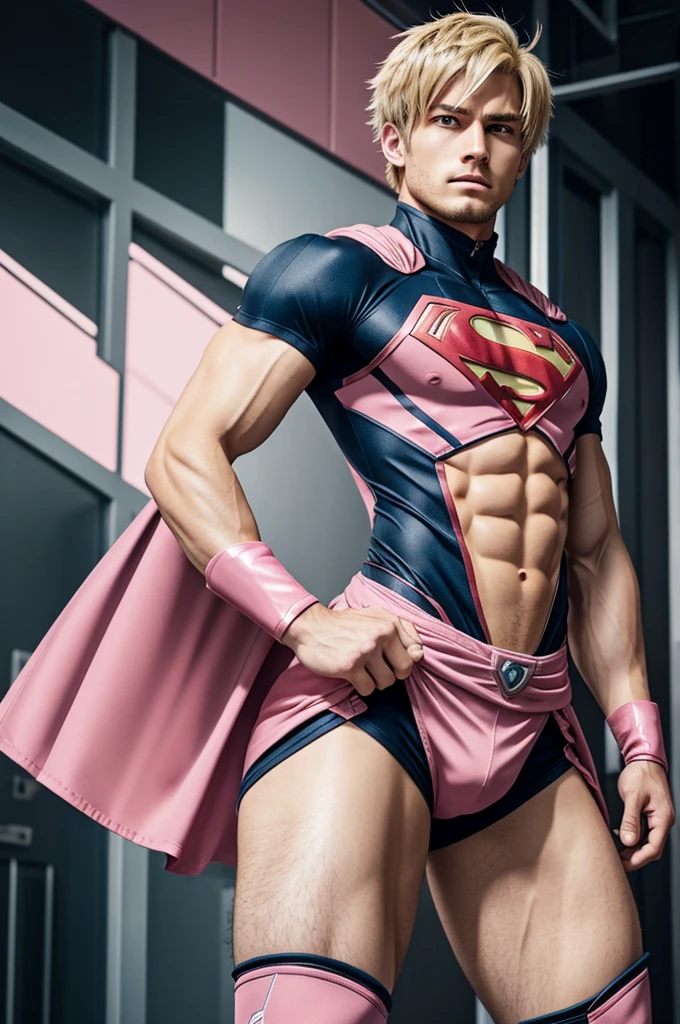 Boku no hero anime style, masculine man with messy and short hair, blonde color, with pink tips, pink eyes, small waist but big thighs and big buttocks, wears superhero clothes